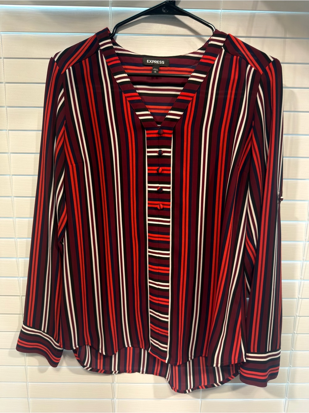 Express Red, Black & White Vertical Stripe Button-Front Blouse